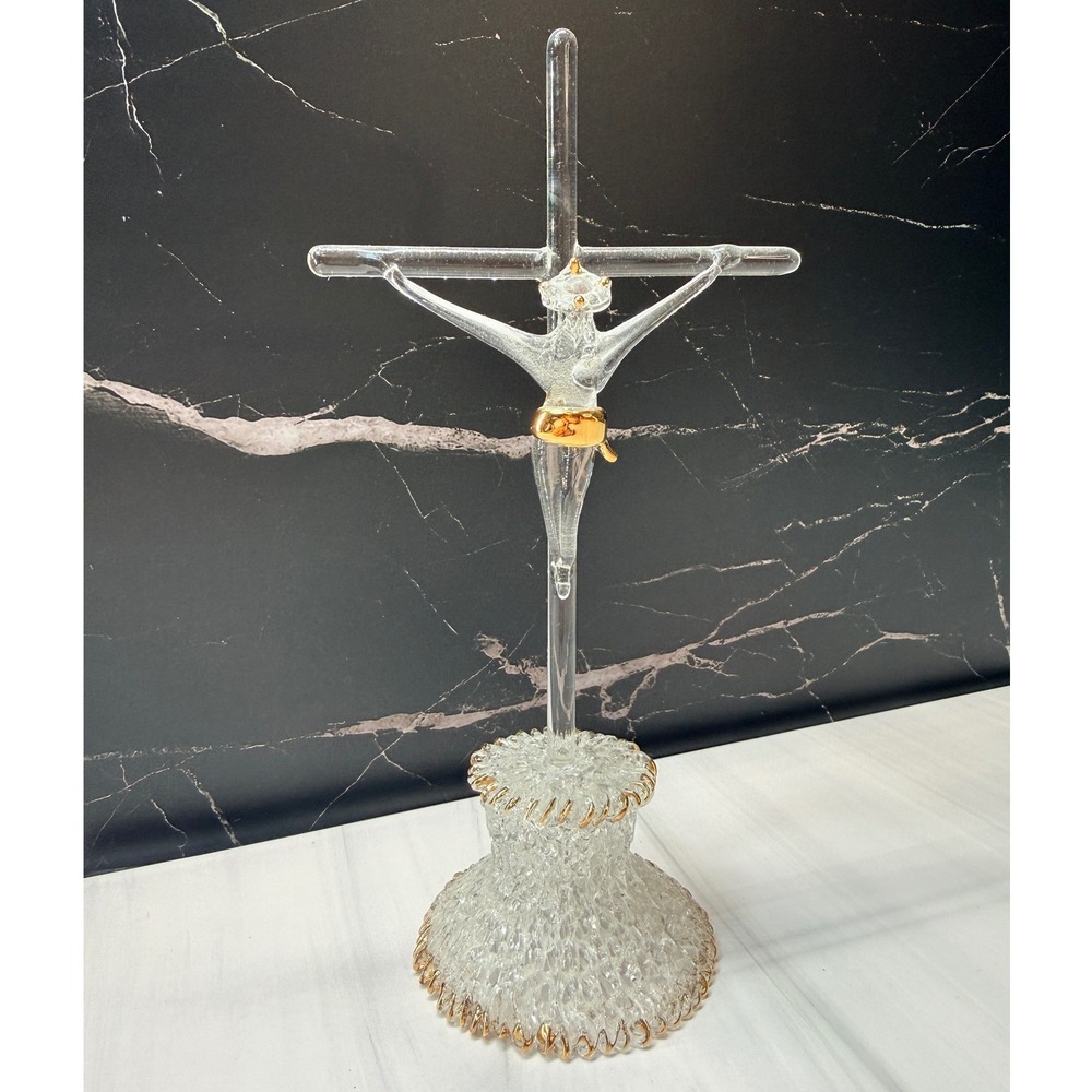 Vintage Murano Style Art Glass Crucifix Gold Gilt Clear Glass Cross Statue 7.5"